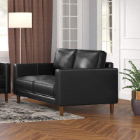 Wade Logan Armonni 55" Wide Black Top Grain Leather Loveseat | Mid Century Modern Small Couch