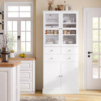 Wade Logan Berganzo 71'' Kitchen Pantry, Modern White Storage Cabinet, 5-Tier Shelves, 3 Drawers