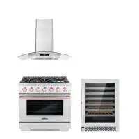 Cosmo Cosmo 3 Piece Kitchen Appliance Package with 36'' Gas Freestanding Range , Wall Mount Range Hood , and Wine Refrig