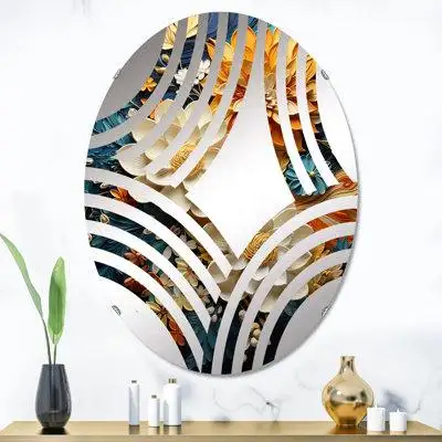 Design Art Orange Teal Botanical Whirlwind II - Baptist Fan Decorative Mirror Oval