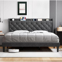 Winston Porter Bed Frame With Charging Station And Storage Shelf, Upholstered Platform Bed With Headboard And Wingback,