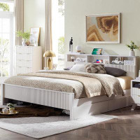 Red Barrel Studio Alteo Fluted Panel Bed Frame With Charging Station&Storage Headboard, Wood Bed Frame With 4 Drawers