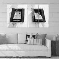 Red Barrel Studio Black And White Two Windows - Colonial Canvas Wall Art Print - 48X28 - 4 Panels
