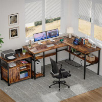 17 Stories Rustic Brown Modern L-Shaped Desk With USB And Power Outlets, Reversible Design For Office Use
