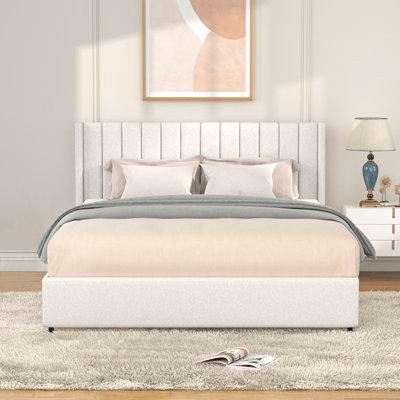 Latitude Run® Queen Size Ivory Boucle Upholstered Platform Bed With Patented 4 Drawers Storage, Tufted Headboard, Wooden in Beds & Mattresses
