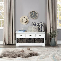 Gracie Oaks Wood Storage Bench With 3  Drawers And 3 Woven Baskets