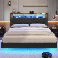 Wrought Studio Floating Bed Frame King Size With Rgb Led Lights Headboard, Outlets And Usb Ports, Pu Leather Upholstered