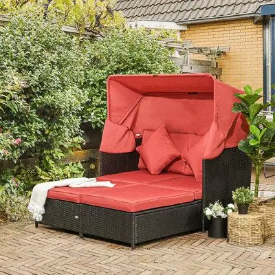 Latitude Run® Latitude Run® Patio Wicker Double Outdoor Daybed, Outdoor PE Rattan Sun Lounger For 2-Person W/ Cushions F