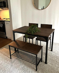 Industrial Dining Table Set for 4, Kitchen Table, Chairs and Bench with Storage Rack