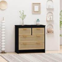 Wenty 4 Drawers Rattan Cabinet,For Bedroom,Living Room,Dining Room,Hallways,Easy Assembly, Black-31.5" H x 31.5" W x 15.