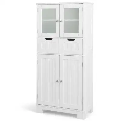 Red Barrel Studio Latitude Run® Bathroom Floor Storage Cabinet Kitchen Cupboard With 2 Drawers & Glass Doors White