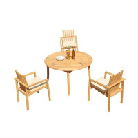 Teak Smith Grade-A Teak Dining Set: 48" Round Table And 4 Clipper Stacking Arm Chairs