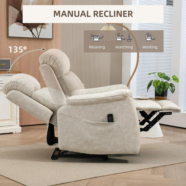 MANUAL RECLINER CHAIR WITH VIBRATION MASSAGE, RECLINING CHAIR FOR LIVING ROOM WITH SIDE POCKETS, BEIGE in Chairs & Recliners - Image 3