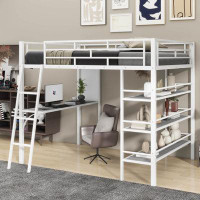 Mason & Marbles Full Size Loft Metal Bed with 3 Layers of Shelves and Desk, Stylish Metal Frame Bed with Whiteboard