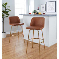 LumiSource Toriano 30" Contemporary Fixed-Height Barstool With Swivel In Camel Faux Leather And Gold Metal With Round Fo