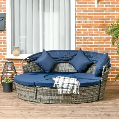 4pc PE Rattan Wicker Round Canopy Daybed Lounge Patio Sectional Sofa Set w Cushions, Grey, Blue