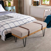 17 Stories Linen Fabric Soft Cushion Upholstered Solid Wood Frame Rectangle Bed Bench With Powder Coating Metal Legs ,En