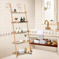Arlmont & Co. 5-Tier Ladder Shelf Bamboo Bookshelf Wall-Leaning Storage Display Plant Stand