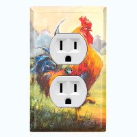 WorldAcc Metal Light Switch Plate Outlet Cover (Colourful Rooster Chicken Hen Forest Trees Art - Single Toggle)