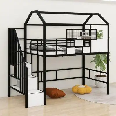 Harper Orchard Kuerten Twin Metal Loft Bed with roof design and a storage box