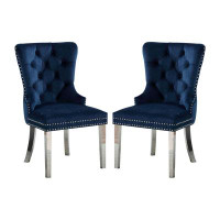 Rosdorf Park Set Of 2 Wingback Dining Chairs With Button Tufted Back In Blue And Chrome