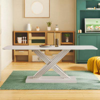 Everly Quinn 62.99" Sintered Stone + Steel Rectangular White Dining Table