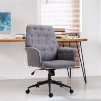 Latitude Run® Linen Home Office Chair, Tufted Height Adjustable Computer Desk Chair With Swivel Wheels And Padded Armres
