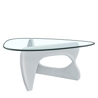 Ivy Bronx Glass Coffee Table with Solid Wood Base, Modern Triangle Accent Table, Sofa Side Table, White