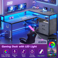 17 Stories Computer Desk With Drawers, 55" Corner Desk With Storage Shelves, L Shaped Gaming Desk With Led Lights And Mo
