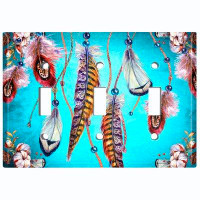 WorldAcc Metal Light Switch Plate Outlet Cover (Colourful Feather Dream Catcher Teal  - Triple Toggle)