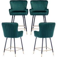 QUINJAY 26" Green Counter Height Bar Stools Set Of 4, Velvet Upholstered Gold Bar Stools With Wing Back, Modern Kitchen