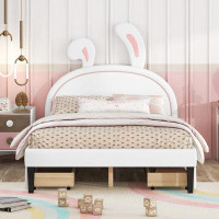Zoomie Kids Upholstered Leather Platform Bed With Rabbit Ornament And 4 Drawers