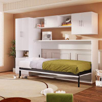 Latitude Run® Twin Size Murphy Bed with Open Shelves and Storage Drawers,Built-in Wardrobe and Table