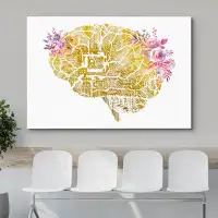 IDEA4WALL Gold Skeleton Brain Pink Pastel Flowers Medical Health Modern Art Floral Botanical Wall Decor
