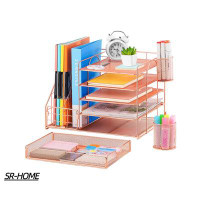 SR-HOME Rose Gold Desk Organizer With File Holder, 5-Tier Paper Letter Tray Organizer With Drawer And 2 Pen Holder, Mesh