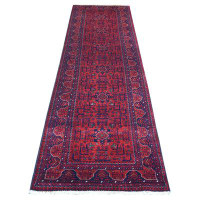 Isabelline 2''10"X9''9" Deep And Saturated Red, Hand Knotted Afghan Khamyab With Geometric Design, Velvety Wool, Runner