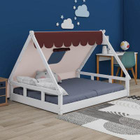 Harper Orchard Ylve Wooden Full Size Tent Bed with Fabric for Kids, Platform Bed with Fence and Roof