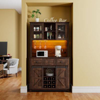 WFX Utility™ 72" Coffee Bar Wine Cabinet With Sliding Barn Door & Led Lights, Sideboard Buffet Cabinet With Wine Bottle