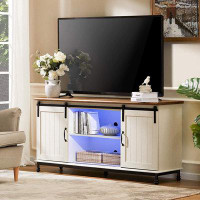 Gracie Oaks WAMPAT Farmhouse TV Stand With Blue Light For Tvs Up To 75 Inch, White Entertainment Centre For 75 Inch TV C