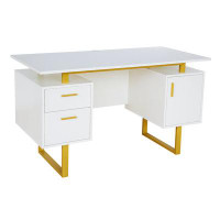 Mercer41 Techni Mobili White And Gold Desk For Office With Drawers & Storage