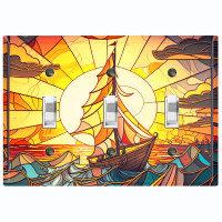 WorldAcc Metal Light Switch Plate Outlet Cover (Rustic Ship Ocean Voyage Sunrise - Triple Toggle)