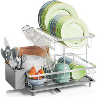 Koala Company 2 Tier Dish Drying Rack,Stainless Steel Large Capacity Dish Drainer With Drainboard,Gray