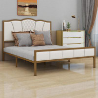 House of Hampton Queen Size Bed Frame, Modern Upholstered Bed Frame With Tufted Headboard, Golden Metal Platform Bed Fra