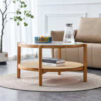 Bayou Breeze Modern Simple Circular Double-layer Solid Wood Tea Table Rattan Woven Chinese Side Table Small Round Table