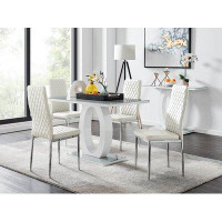 East Urban Home Scottsmoor Modern High Gloss Halo 4 Seater Dining Table Set with Luxury Faux Leather Dining Chairs