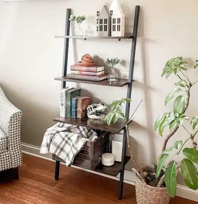 Vintage Wood Metal Wall Ladder Bookshelf Industrial Storage Shelf Bookcase Tall Shelf