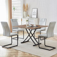 17 Stories Modern Minimalist 0.8" Thick Lift Table Set With Wood Grain Top, Metal Legs & 4 Faux Leather Chairs
