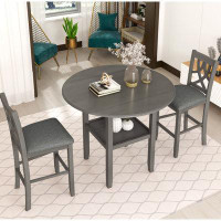 Gracie Oaks Farmhouse 3 Piece Round Counter Height Kitchen Dining Table Set With Drop Leaf Table, One Shelf And 2 Cross