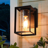 Longshore Tides Matte Black 1-Bulb 9" H Seeded Glass Outdoor Wall Lantern