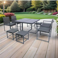 Hokku Designs 9 Pieces Patio Dining Sets with Rattan Chairs and Glass Table Top